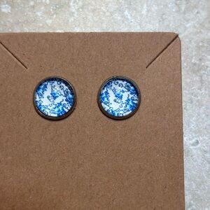Blue and White Floral Button Earrings